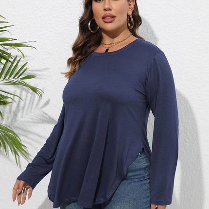 Plus Size Round Neck Long Sleeve Slit T-Shirt - MimiStylez