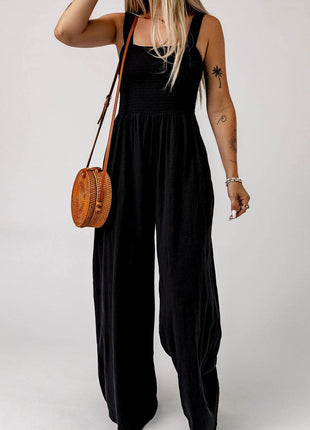 Smocked Square Neck Wide Leg Jumpsuit with Pockets - MimiStylez