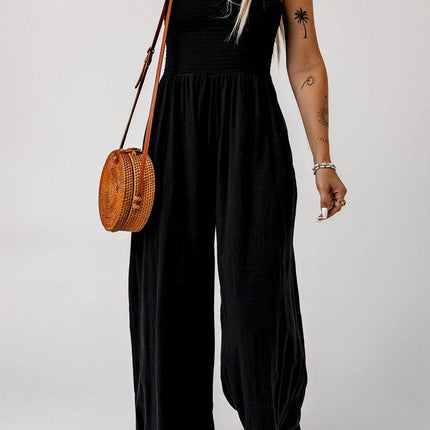 Smocked Square Neck Wide Leg Jumpsuit with Pockets - MimiStylez