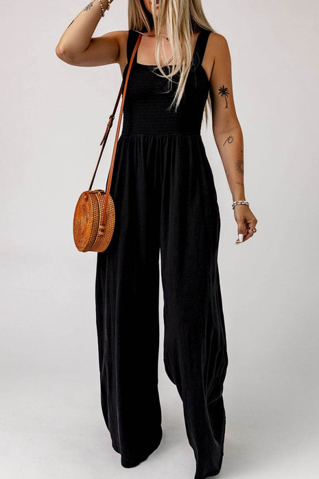 Smocked Square Neck Wide Leg Jumpsuit with Pockets - MimiStylez