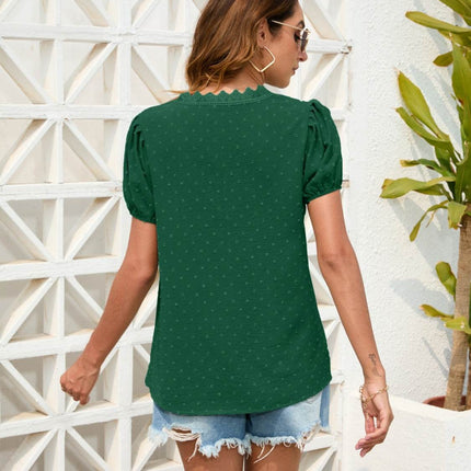 Swiss Dot Lace Detail V-Neck Blouse - MimiStylez