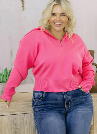 Plus Size Collared Neck Zip-Up Long Sleeve Sweater - MimiStylez
