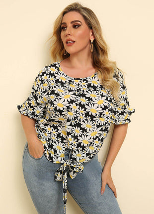 Plus Size Floral Round Neck Tie Hem Blouse - MimiStylez