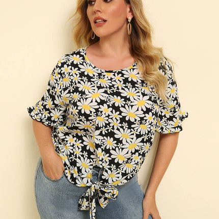 Plus Size Floral Round Neck Tie Hem Blouse - MimiStylez