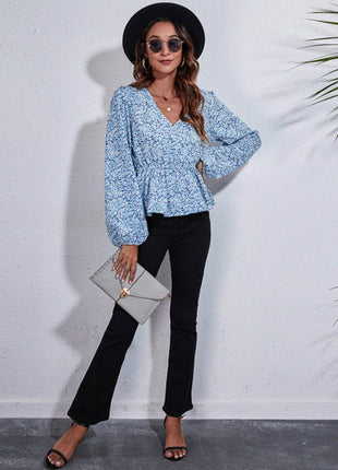 Floral V-Neck Balloon Sleeve Peplum Blouse - MimiStylez