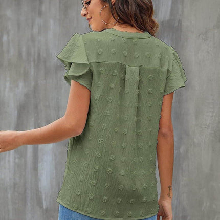 Swiss Dot Notched Cap Sleeve Blouse - MimiStylez