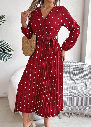 Tied Polka Dot Long Sleeve Midi Dress - MimiStylez