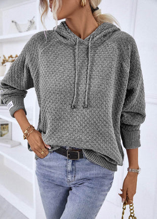 Texture Drawstring Long Sleeve Hooded Sweater - MimiStylez