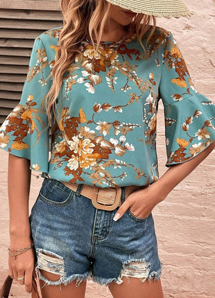 Printed Round Neck Half Sleeve Blouse - MimiStylez