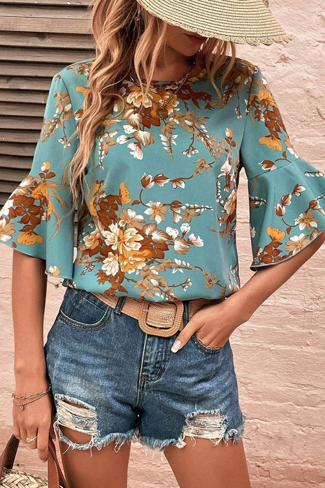 Printed Round Neck Half Sleeve Blouse - MimiStylez