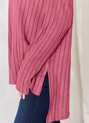 Basic Bae Full Size Ribbed Half Button Long Sleeve High-Low T-Shirt - MimiStylez