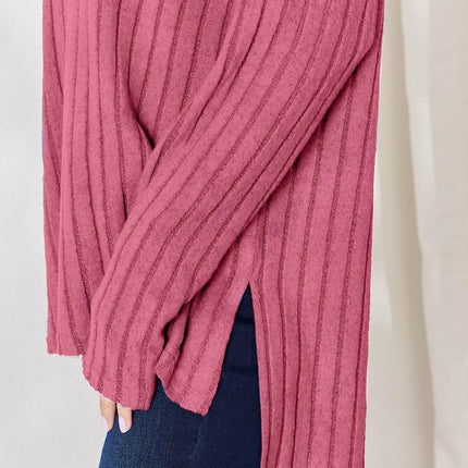 Basic Bae Full Size Ribbed Half Button Long Sleeve High-Low T-Shirt - MimiStylez