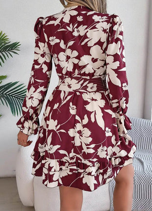 Tied Ruffled Printed Long Sleeve Dress - MimiStylez