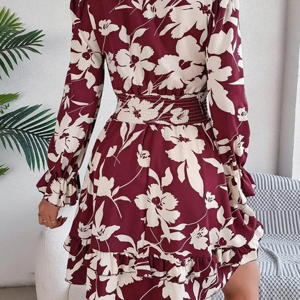 Tied Ruffled Printed Long Sleeve Dress - MimiStylez