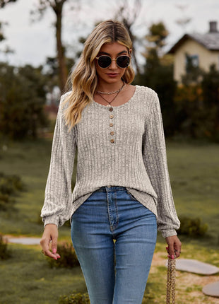 Round Neck Button-Down Long Sleeve Tee - MimiStylez