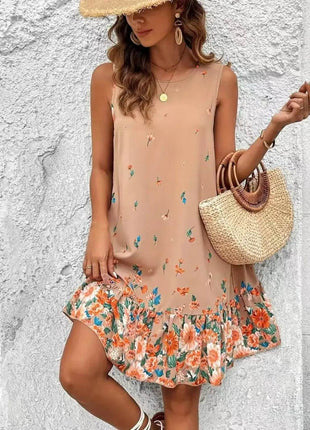 Ruffled Hem Floral Sleeveless Mini Tank Dress - MimiStylez
