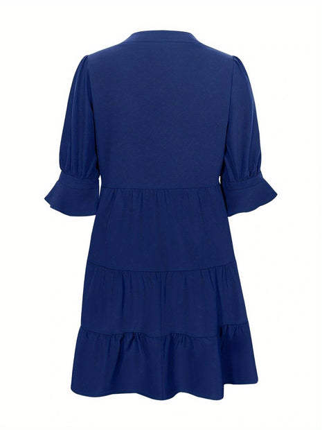 Tiered Notched Half Sleeve Dress - MimiStylez