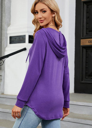 Decorative Button Drawstring Long Sleeve Hoodie - MimiStylez