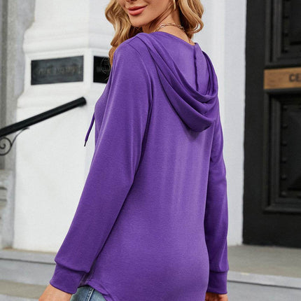 Decorative Button Drawstring Long Sleeve Hoodie - MimiStylez