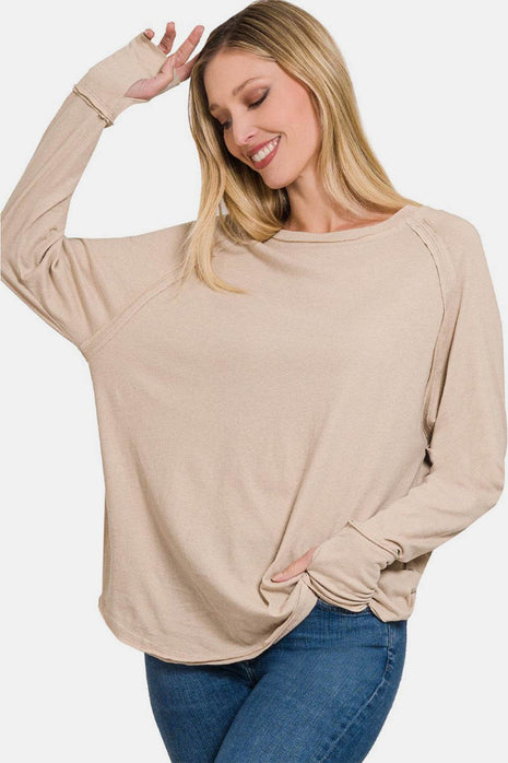 Zenana Round Neck Thumbhole Long Sleeve Top - MimiStylez
