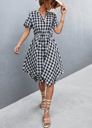 Plaid Notched Short Sleeve Dress - MimiStylez