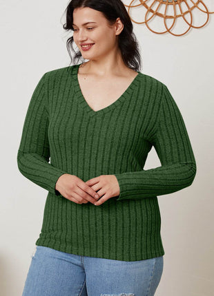 Basic Bae Full Size Ribbed V-Neck Long Sleeve T-Shirt - MimiStylez