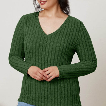 Basic Bae Full Size Ribbed V-Neck Long Sleeve T-Shirt - MimiStylez