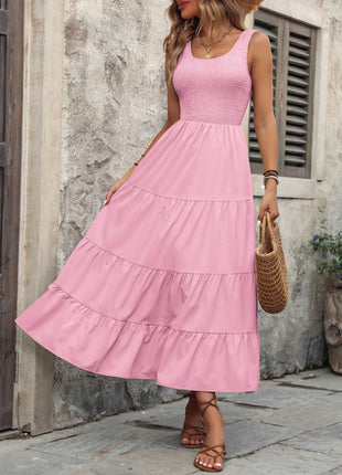 Smocked Scoop Neck Sleeveless Tank Dress - MimiStylez