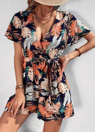 Botanical Print Surplice Neck Tie Waist Romper - MimiStylez