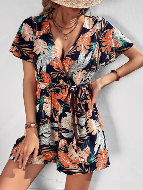 Botanical Print Surplice Neck Tie Waist Romper - MimiStylez