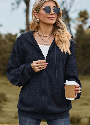 Drawstring Zip Up Dropped Shoulder Hoodie - MimiStylez