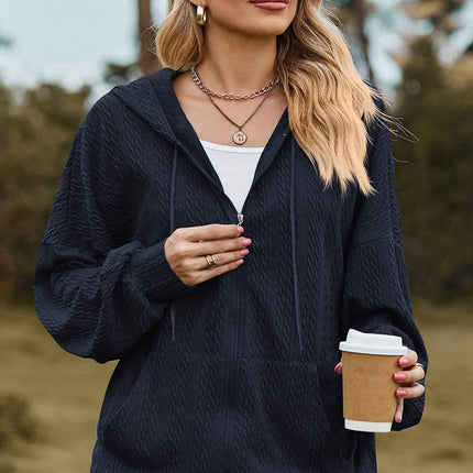 Drawstring Zip Up Dropped Shoulder Hoodie - MimiStylez