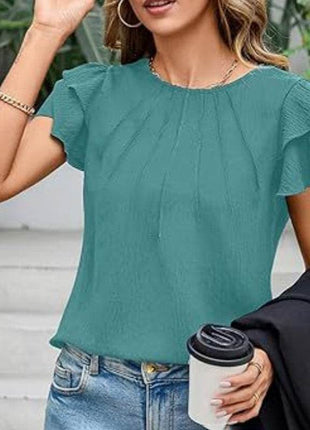 Women's Ruffle Short Sleeve Shirts Dressy Casual Crewneck Top - MimiStylez
