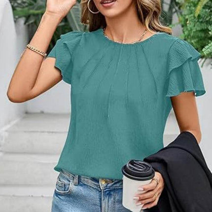 Women's Ruffle Short Sleeve Shirts Dressy Casual Crewneck Top - MimiStylez