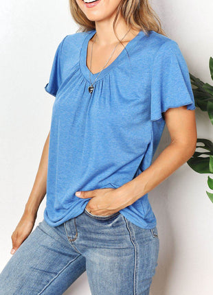 Double Take Ruched V-Neck Short Sleeve T-Shirt - MimiStylez