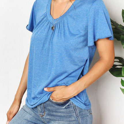 Double Take Ruched V-Neck Short Sleeve T-Shirt - MimiStylez