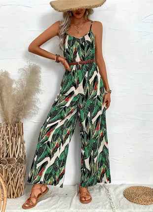 Tropical Print Spaghetti Strap Wide Leg Jumpsuit - MimiStylez