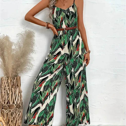 Tropical Print Spaghetti Strap Wide Leg Jumpsuit - MimiStylez