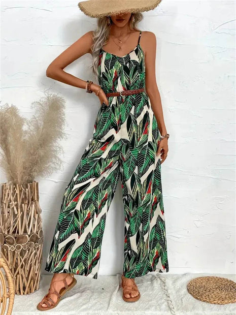 Tropical Print Spaghetti Strap Wide Leg Jumpsuit - MimiStylez