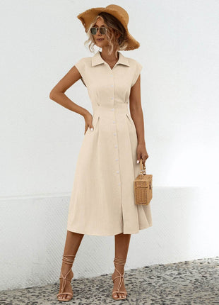 Button Up Cap Sleeve Midi Dress - MimiStylez