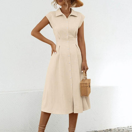 Button Up Cap Sleeve Midi Dress - MimiStylez