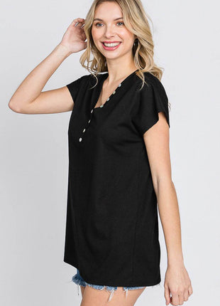 Heimish Full Size Front Button V-Neck Short Sleeve T-Shirt - MimiStylez