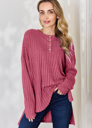 Basic Bae Full Size Ribbed Half Button Long Sleeve High-Low T-Shirt - MimiStylez