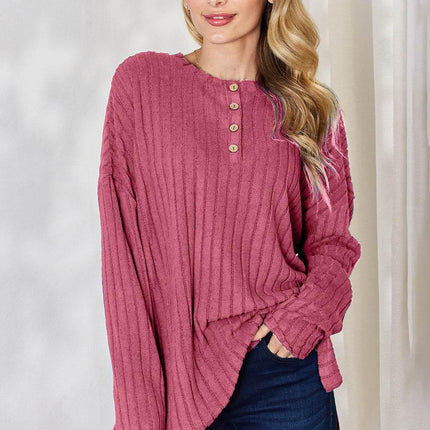 Basic Bae Full Size Ribbed Half Button Long Sleeve High-Low T-Shirt - MimiStylez