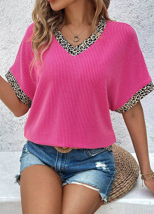 V-Neck Leopard Trim Ribbed Blouse - MimiStylez