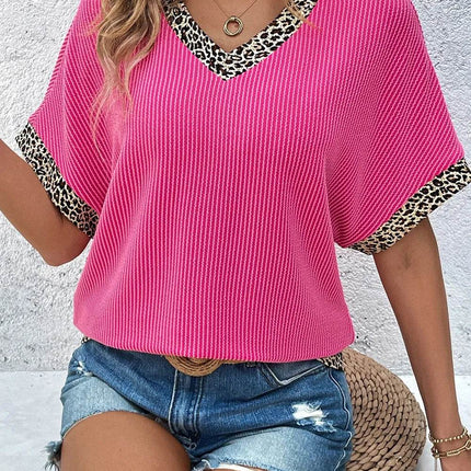 V-Neck Leopard Trim Ribbed Blouse - MimiStylez