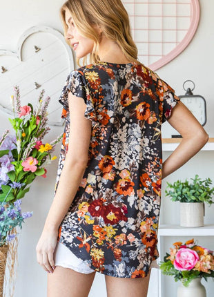 Heimish Full Size Ruffled Floral Round Neck Cap Sleeve Blouse - MimiStylez