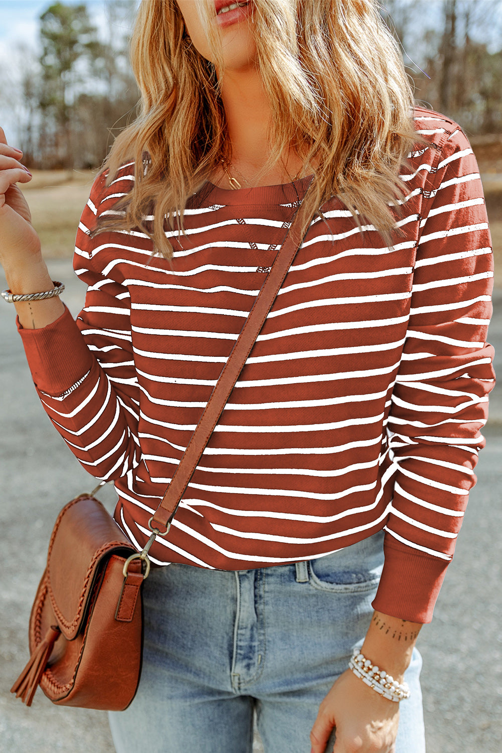 Striped Round Neck Long Sleeve Sweatshirt