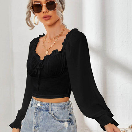 Mesh Sweetheart Neck Flounce Sleeve Top - MimiStylez