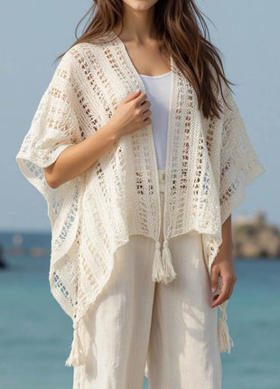 Openwork Tassel Open Front Knit Cover Up - MimiStylez